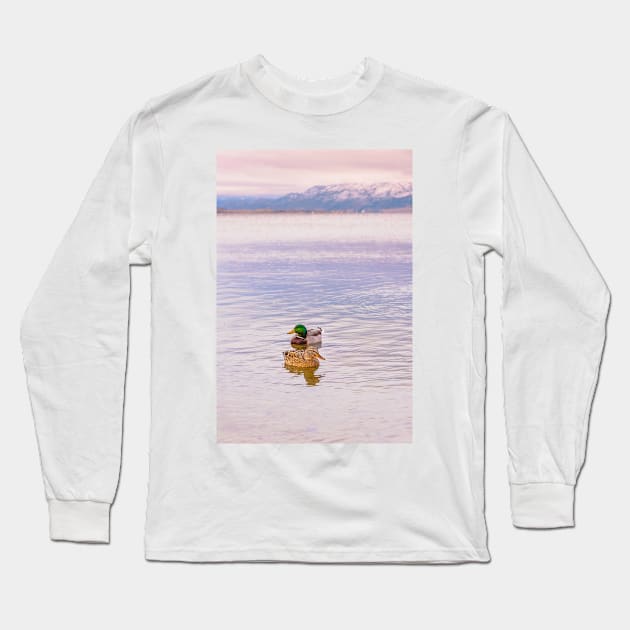 Mallard Ducks on Winter Sunset Lake Long Sleeve T-Shirt by Amy-K-Mitchell